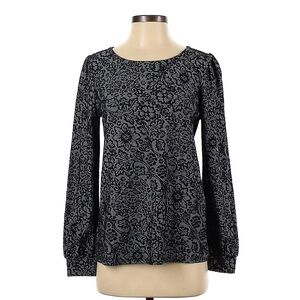 LOFT Textured Floral Keyhole Back Long Sleeve Blouse - Gray and Black Size Small